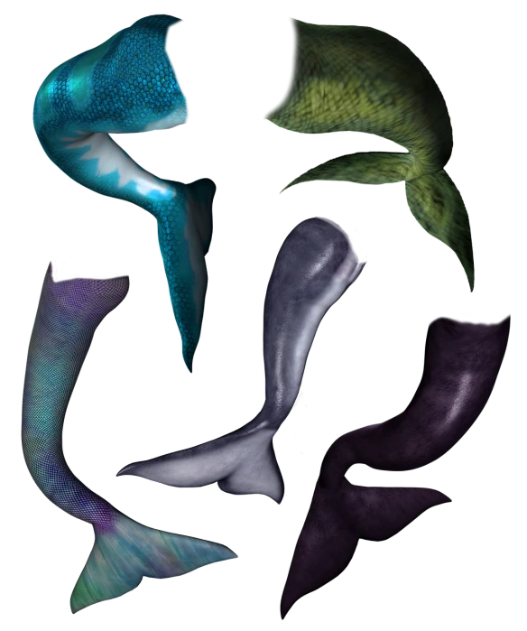 a group of fish sitting on top of a black surface, by Anna Füssli, trending on zbrush central, hurufiyya, kristen bell as a mermaid, imvu, tail slightly wavy, various colors