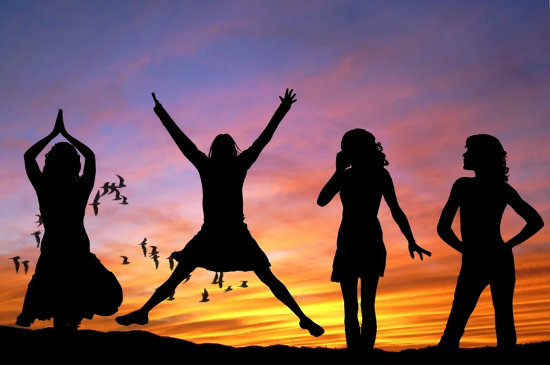 a group of people that are jumping in the air, a picture, by Edna Mann, trending on pixabay, at a beautiful sunset, young girls, header, artistic rendition