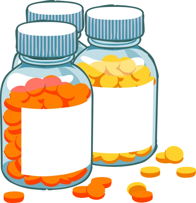 two jars filled with pills sitting next to each other, an illustration of, by Aleksander Kotsis, pixabay, orange safety labels, bottle, transparent background, full color illustration