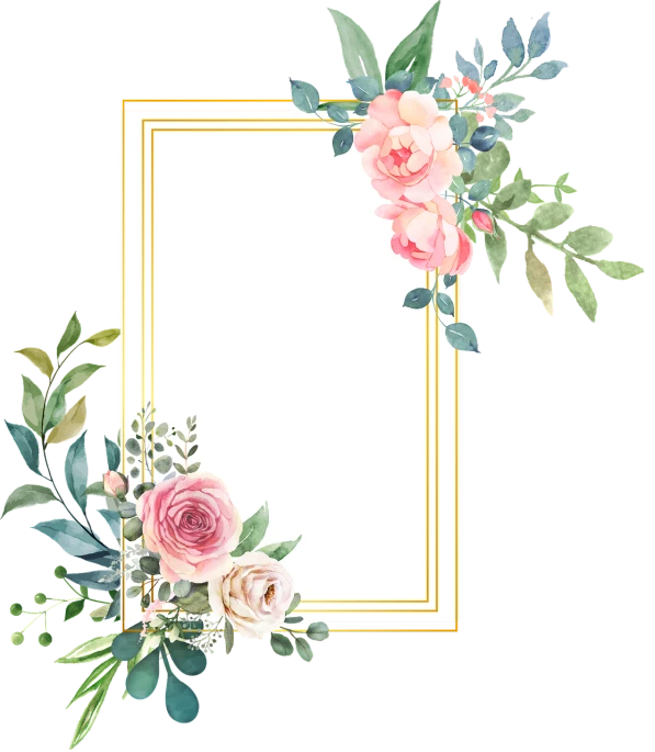 a floral frame with pink roses and green leaves, trending on pixabay, card back template, golden leaves at frame border, listing image, background image