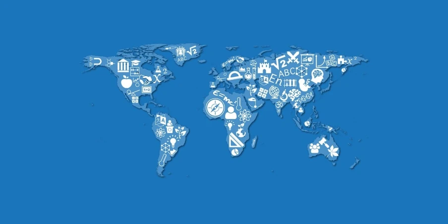 a map of the world on a blue background, an illustration of, pixabay, icons, marketing photo, 2 0 1 4, student