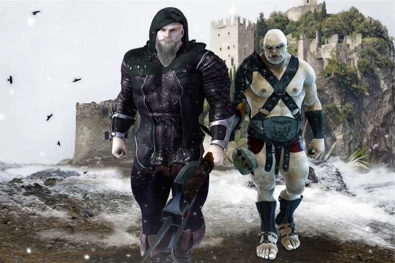 a couple of men standing next to each other in front of a castle, inspired by Andor Basch, deviantart contest winner, snow army war, bald male swashbuckler, digital collage, strong fat bacchanalian body