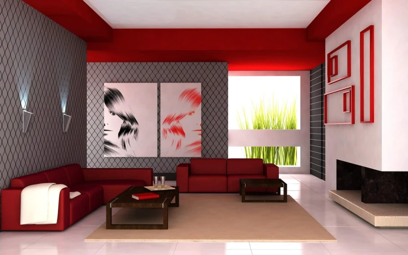 a living room filled with furniture and a fire place, a photorealistic painting, inspired by Fernando Gerassi, abstract art, black and red color scheme, oriental wallpaper, red grid, cheap design