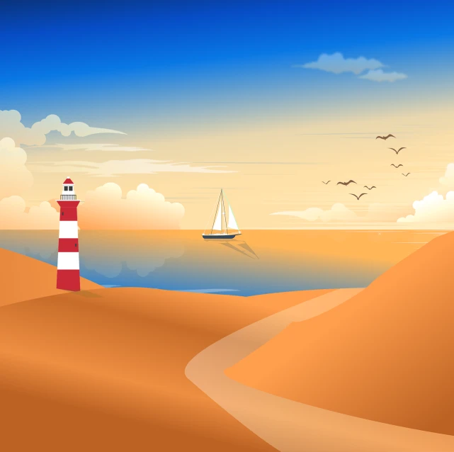 a red and white lighthouse sitting on top of a sandy beach, vector art, sail boat on the background, brown canyon background, 4 k hd wallpaper illustration, reduced minimal illustration