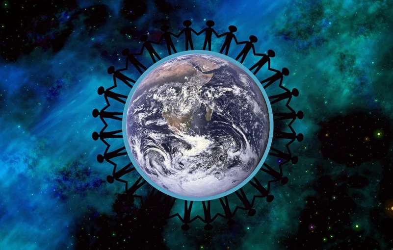 a group of people holding hands around the earth, a digital rendering, by Jon Coffelt, harmony of the universe, indigenous, 💣 💥💣 💥, avatar image