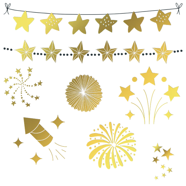 a bunch of gold stars and fireworks on a black background, art deco, gold and silver shapes, clipart, straw, chalk
