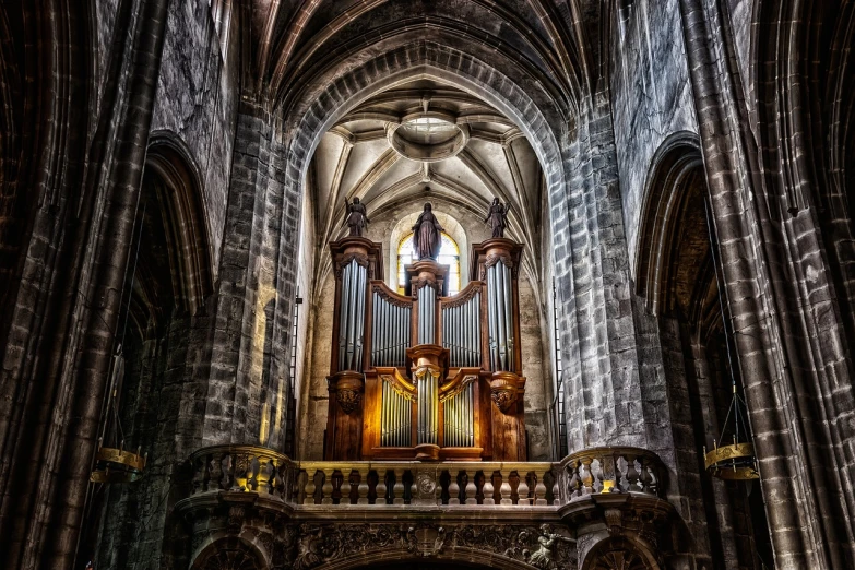 a church with a pipe organ in the middle of it, a photo, by Etienne Delessert, pexels contest winner, romanesque, silver, stained”, 1 4 8 0 s, jules julien