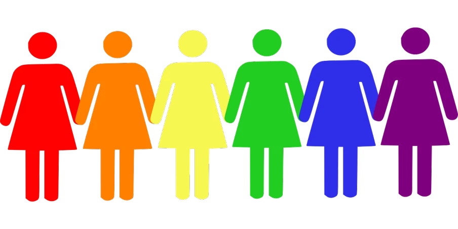 a group of people standing next to each other, by David Burton-Richardson, pixabay, feminist art, ( ( ( rainbow ) ) ), with a black background, 2 5 6 x 2 5 6 pixels, !female