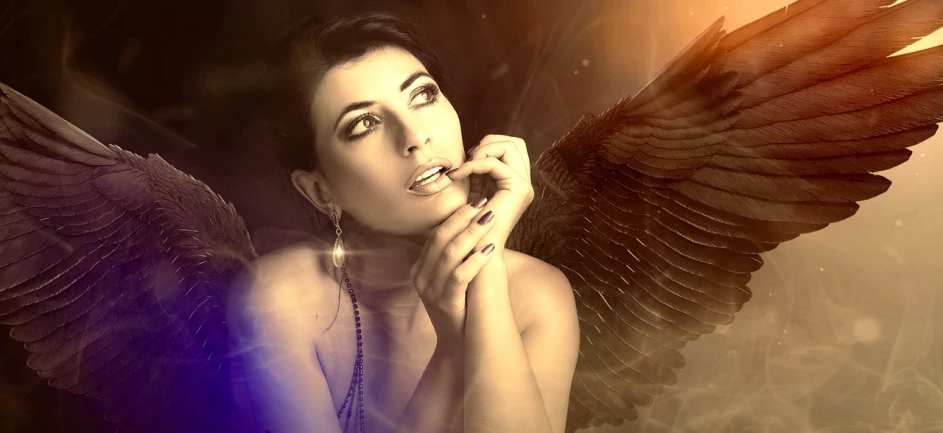 a black and white photo of a woman with wings, digital art, inspired by George Hurrell, trending on pixabay, digital art, portrait color glamour, sepia photography, heavenly atmosphere, portait of haifa wehbe