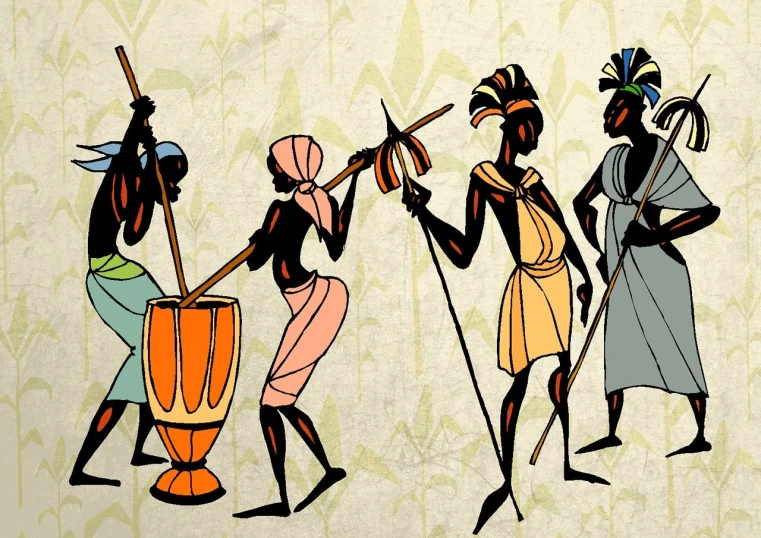 a group of people standing next to each other, an illustration of, by Odhise Paskali, trending on pixabay, afrofuturism, tribal dance, cane, wining, traditional animation