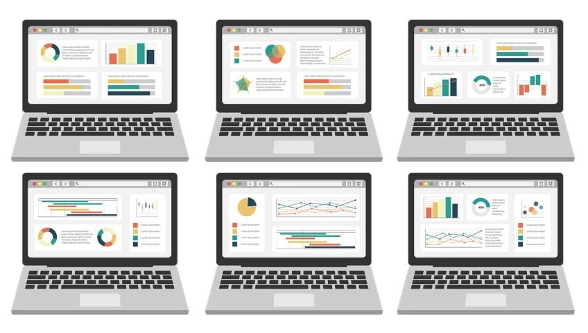 a bunch of laptops sitting on top of each other, analytical art, informative graphs and diagrams, on a flat color black background, multiple views, illustrator vector graphics