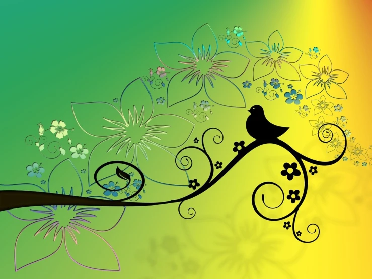 a bird sitting on top of a tree branch, vector art, arabesque, dreamy floral background, yellow and green scheme, marketing photo, stunning screensaver