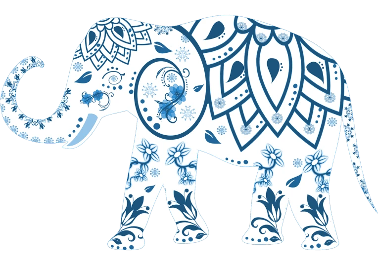 a blue and white elephant on a black background, a digital rendering, trending on pixabay, sumatraism, with kerala motifs, white background, ice blue, yummy
