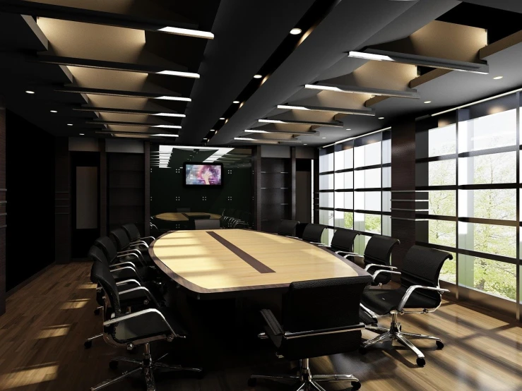 a conference room with a large table and chairs, a digital rendering, by Arthur Sarkissian, shutterstock, ceiling hides in the dark, black show room, lotus, filled with natural light