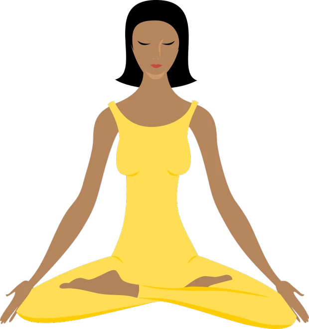 a woman sitting in the middle of a yoga pose, by Leonard Long, pixabay, figuration libre, black. yellow, elongated figure, ( ( dark skin ) ), avatar image