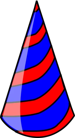 a party hat with red and blue stripes, a digital rendering, pixabay, sōsaku hanga, cobalt blue and pyrrol red, with a black background, birthday party, tail slightly wavy