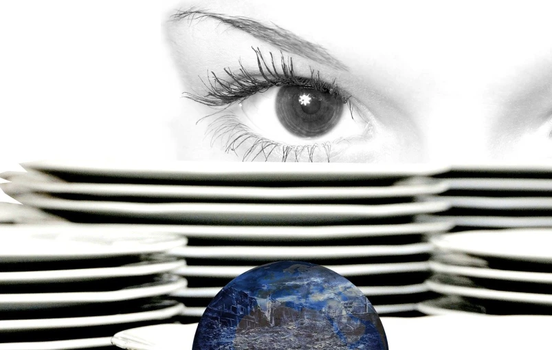 a close up of a person's eye behind a stack of plates, a photocopy, realism, planet earth in the foreground, people at work, modern high sharpness photo