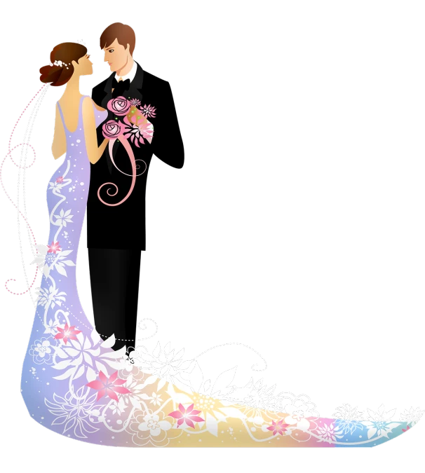 a bride and groom standing next to each other, romanticism, white outline border, wearing a long flowery dress, glittering, black
