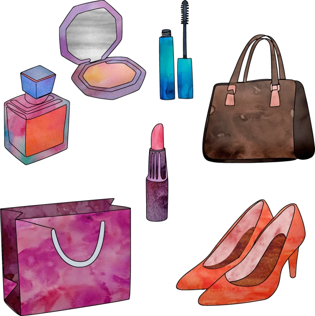 a collection of women's accessories on a black background, a digital painting, by Verónica Ruiz de Velasco, trending on pixabay, water color, cosmopolitan, shops, a beautiful artwork illustration