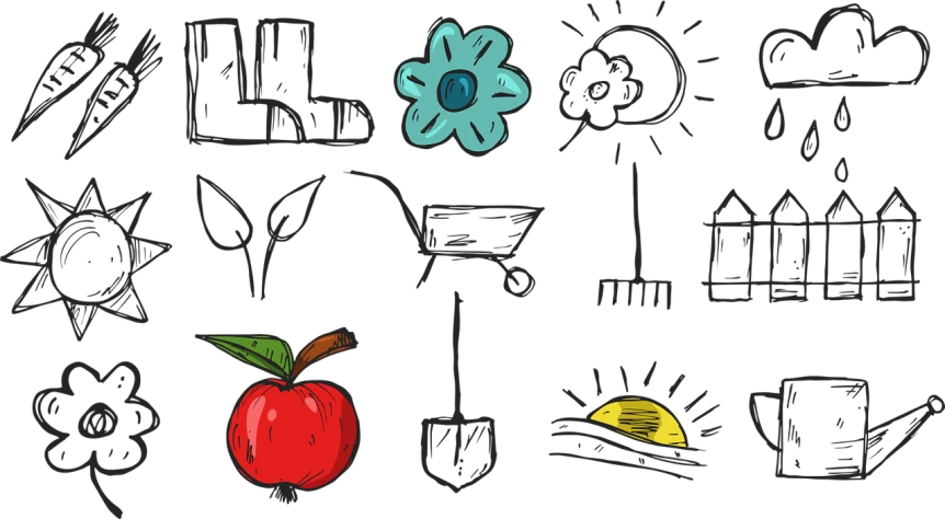 a bunch of drawings on a blackboard, naive art, app icon, gardening, background image, black
