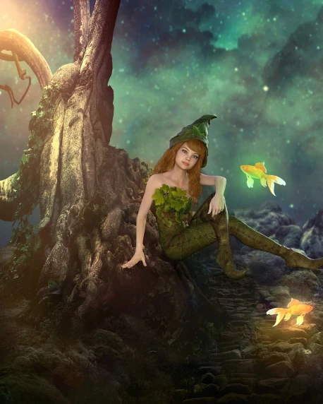 a woman sitting on a rock next to a tree, fantasy art, the stars are fish in the depths, ivy, little elf girl, photoshoped