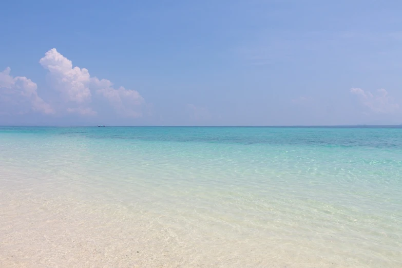 a large body of water sitting on top of a sandy beach, a picture, shutterstock, - ar 1 6 : 9, blue and cyan colors, thailand, calm sea and beach background