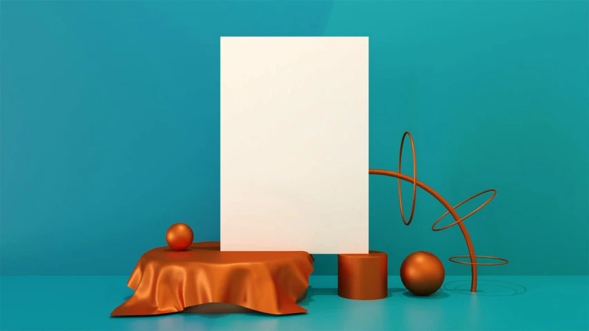 a piece of paper sitting on top of a table, by Andrei Kolkoutine, polycount contest winner, abstract illusionism, orange teal lighting, stop frame animation, floating metallic objects, background is white and blank