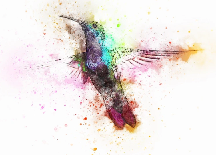 a watercolor painting of a hummingbird in flight, a watercolor painting, digital art, mixed media style illustration, splatter paint on paper, closeup photo, masterpiece illustration