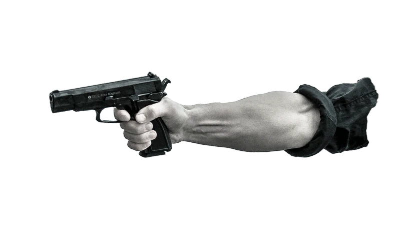 a person holding a gun in their hand, a digital rendering, pexels, high key, police officer hit, gangly arms, background image