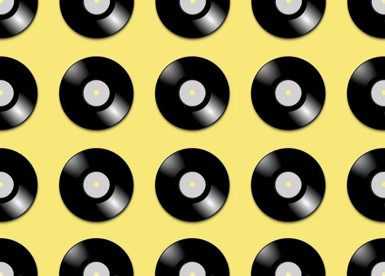 a lot of black and white records on a yellow background, pop art, 12, o pattern, stems, high res