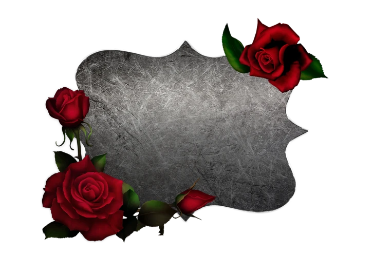 a metal sign surrounded by red roses on a black background, romanticism, realistic metal reflections, hd picture, [ shards, silver background