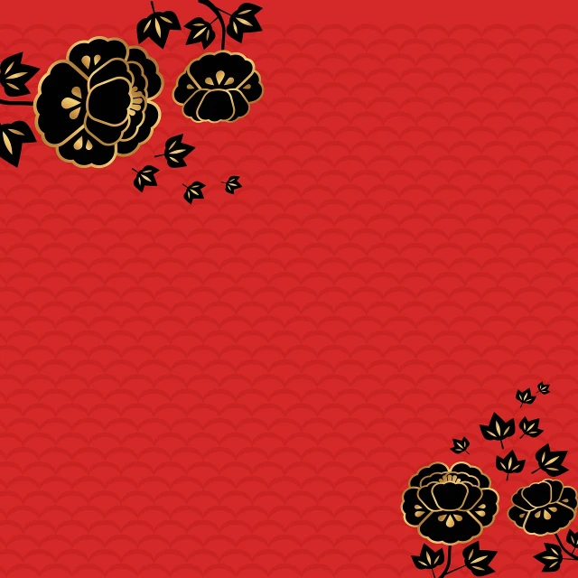 a red background with black and gold flowers, inspired by Katsushika Ōi, sōsaku hanga, festive atmosphere, black peonies, in style of ruan jia, paper border