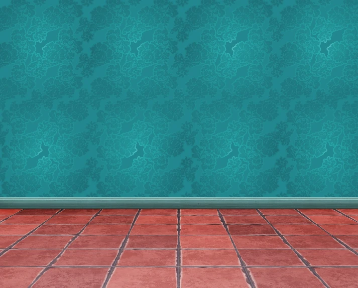 a room with a red tile floor and a blue wall, a digital rendering, inspired by Wilhelm Hammershøi, shutterstock, detailed patterned background, 8k vertical wallpaper, turquoise and venetian red, stock photo