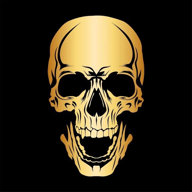 a golden skull on a black background, vector art, gold teeth, art cover illustration, concept art design illustration, logo without text