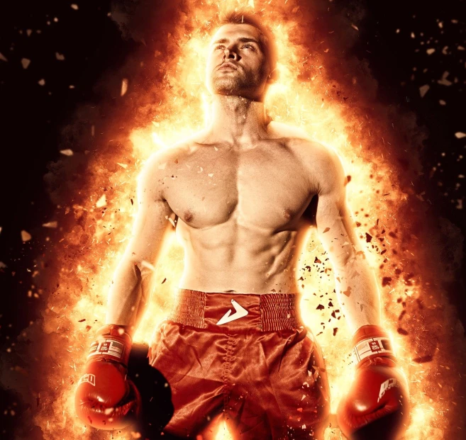 a man with boxing gloves standing in front of a fire, a digital rendering, inspired by Daryush Shokof, shutterstock, figuration libre, athlete photography, game promotional poster, fully body photo