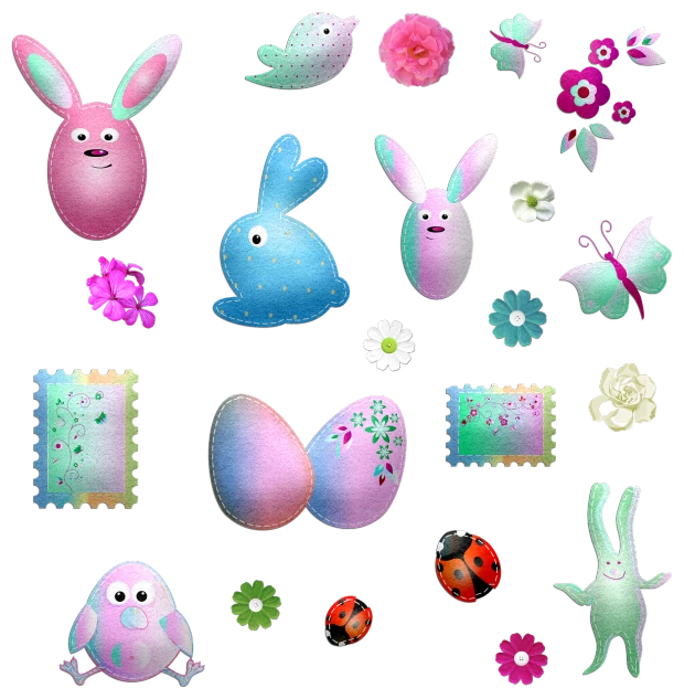 a bunch of easter decorations on a black background, a pastel, deviantart, digital art, delicate ex embellishments, cute characters, blend elements, glitter