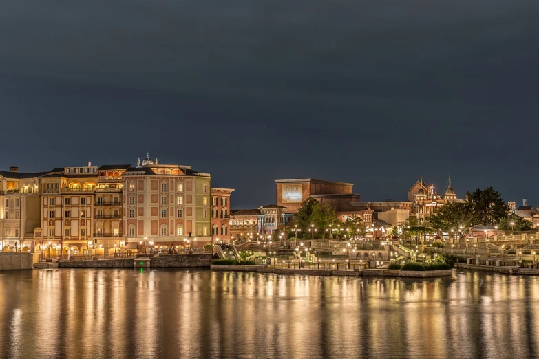 the lights on the buildings are reflecting in the water, inspired by Luigi Kasimir, disney studios, iso 1 0 0 wide view, evening storm, high res photograph