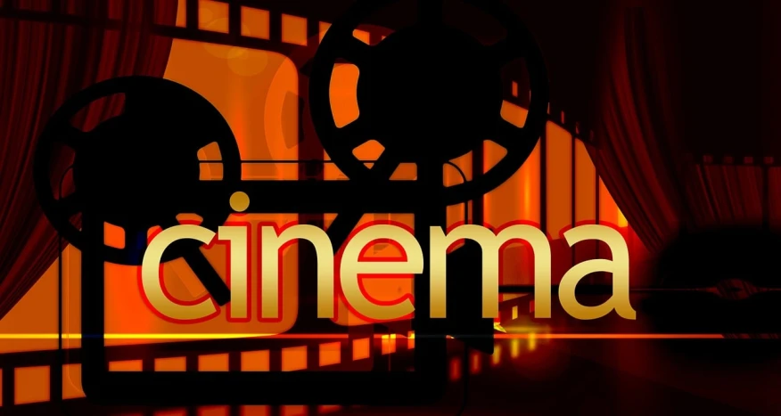 a cinema sign in front of a red curtain, a picture, pixabay, video art, cinematic blue and gold, cinematic movie poster, bollywood, top 6 best movie ever imdb list
