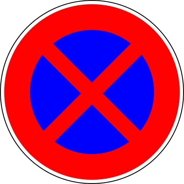 a red and blue no parking sign on a white background, by Jan Zrzavý, les automatistes, wikimedia commons, round format, highways, cross