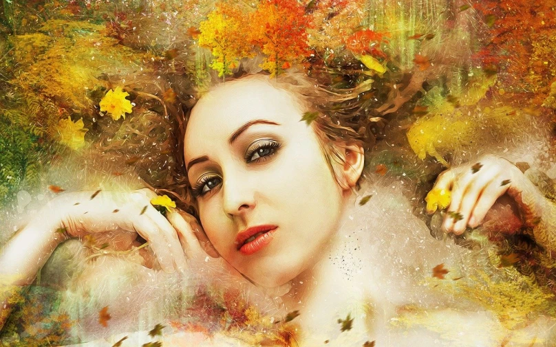 a painting of a woman surrounded by autumn leaves, digital art, art photography, beautiful art uhd 4 k, closeup view, water art photoshop, digital collage