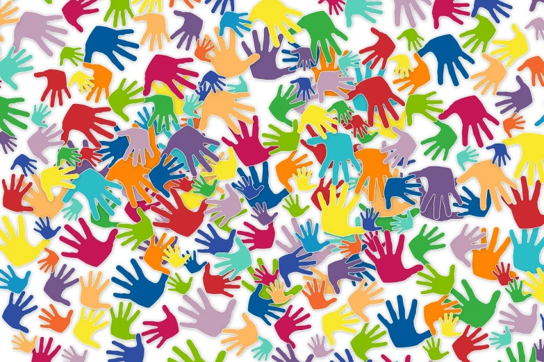 a lot of colorful hand prints on a white background, a cartoon, trending on pixabay, conceptual art, background image, digital art - w 640, politicians, done in the style of matisse