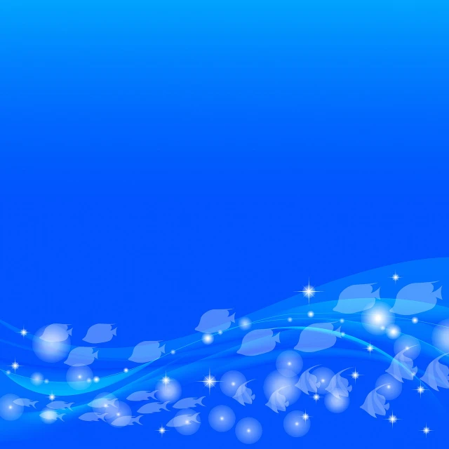 a blue background with leaves and stars, a picture, wave of water particles, background(solid), school of fishes, liquid light