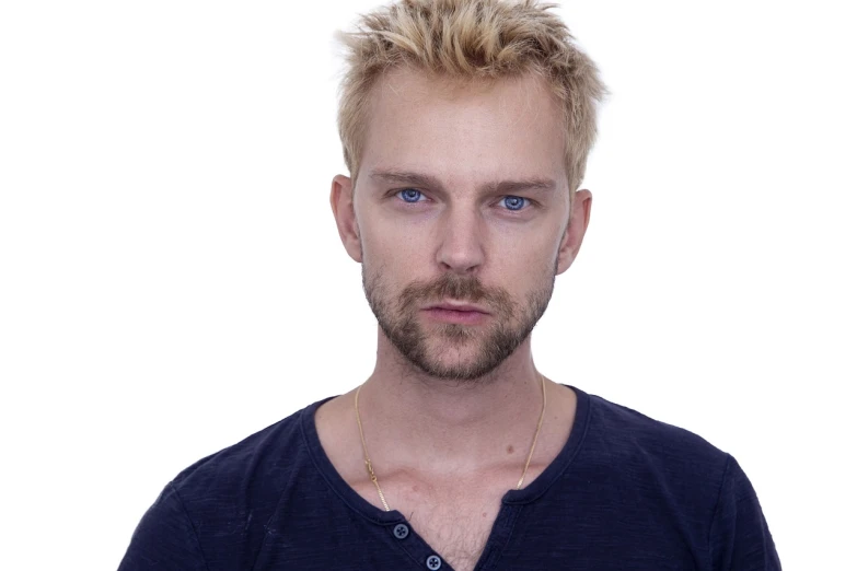 a man with blonde hair and blue eyes, a photo, inspired by Hallsteinn Sigurðsson, shutterstock, bauhaus, blond brown stubble thin beard, actor, brittney lee, spike