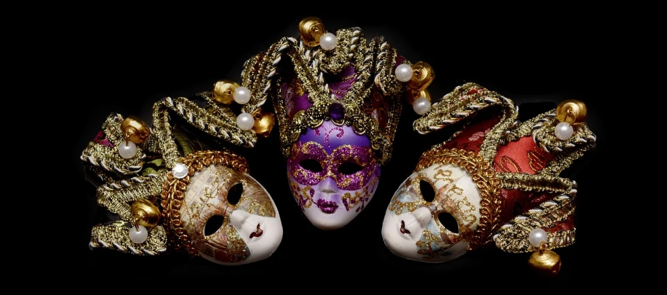 a couple of masks sitting next to each other, by Hedi Xandt, zbrush central contest winner, baroque, bejewelled and encrusted royalty, the three moiras, album photo, 3 pm