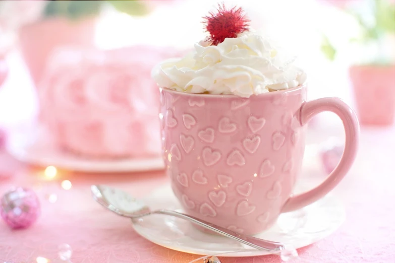 a pink cup filled with whipped cream on top of a saucer, tumblr, hd wallpaper, creamy skin, hight decorated, wonderful scene