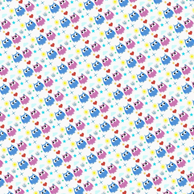 a pattern of owls and hearts on a white background, inspired by Murakami, the sims 4 texture, blue checkerboard background, hi resolution, some purple and blue