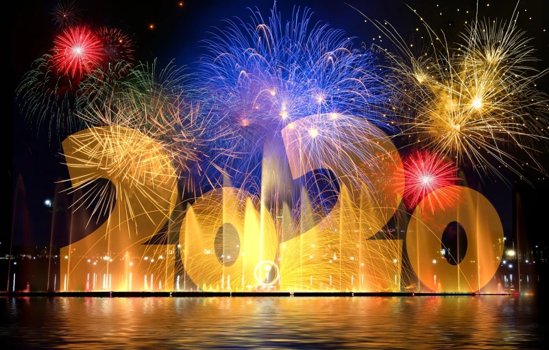 fireworks light up the night sky over a fountain, by Hristofor Zhefarovich, shutterstock, digital art, futuristic year 2 0 0 0 text, amazing colorful background, word, very accurate photo