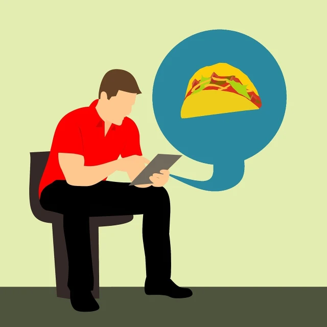 a man sitting on a chair using a tablet computer, an illustration of, tacos, on simple background, profile photo, posed