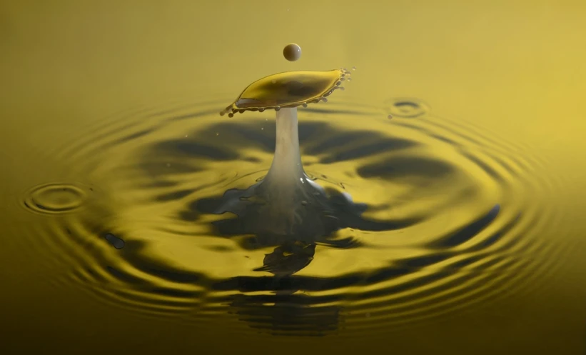 a banana falling into a puddle of water, by Richard Hess, precisionism, floating spheres and shapes, mustard, today\'s featured photograph 4k, in front of a round