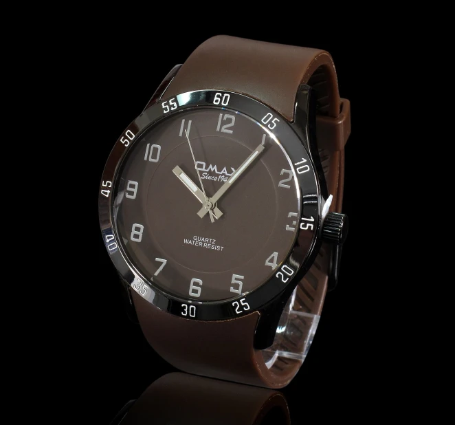 a close up of a watch on a black surface, dau-al-set, fully chocolate, male!!, qapla, 35 mm product photo”